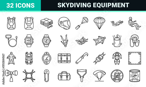 Skydiving and parachuting extreme sports equipment neo-line art technical monoline outline illustrations for digital UI and print design.