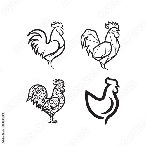 Four black and white drawings of roosters