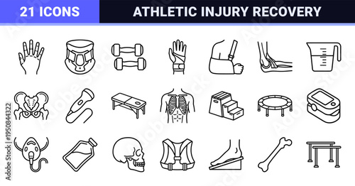 Sports medicine and athletic injury recovery outline symbols in sleek 1.25pt uniform technical monoline art for physical therapy utility.