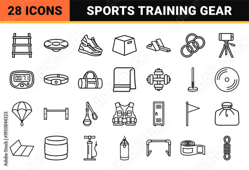 Agility and sports training equipment outline symbols featuring sleek minimalist monoline design for athletic coaching and fitness programs.