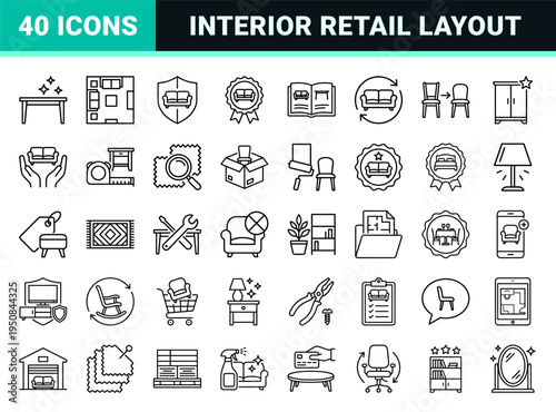Furniture retail and interior layout symbols for warranty and store planning in a sleek monoline aesthetic.