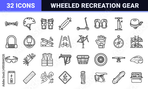 Urban Mobility and Outdoor Wheeled Recreation Gear Outlines. Minimalist Black and White Monoline Aesthetics with 1.25pt Stroke.