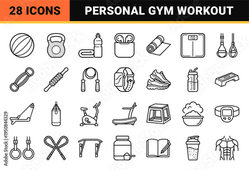 Personal training and gym fitness equipment with sleek uniform line art aesthetics for professional health clubs and coaching.