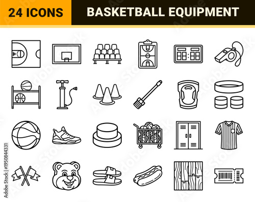 Basketball sports equipment and court layout elements for athletic design projects in clean technical monoline vector outline