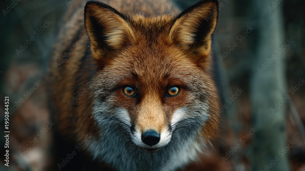 Fototapeta premium Close up portrait of a red fox looking directly at the camera in the forest.