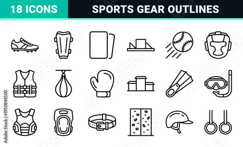 Minimalist black and white monoline sports equipment and referee gear outline illustrations for athletic interface design