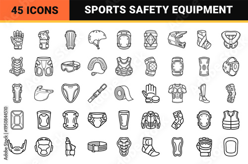 Minimalist sports protective gear and safety equipment featuring sleek black and white monoline graphics for athletic apparel design.