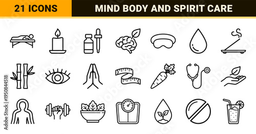 Sleek black and white neo-line art holistic wellbeing, mental health, and physical fitness symbols.