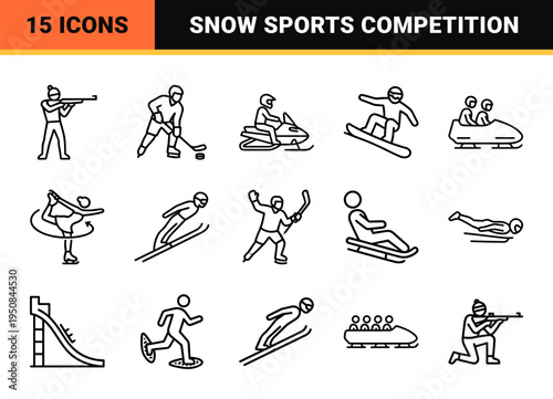 Winter sports and ice recreation outline elements featuring sleek monoline geometry for athletic competition and snowy outdoor activities.