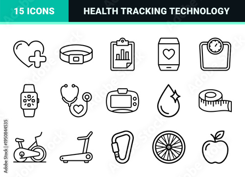 Health and fitness biometric tracking technology monoline outline symbols with precise geometric styling.