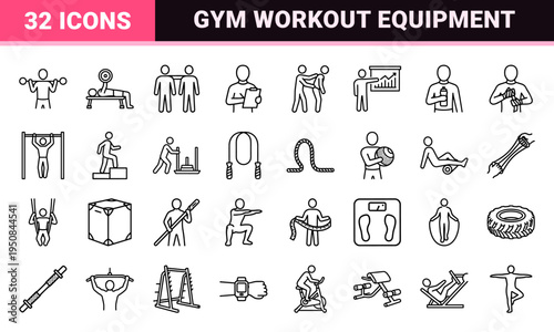 Personal training and gym fitness workout outline symbols featuring technical monoline aesthetic and high legibility for coaching apps.