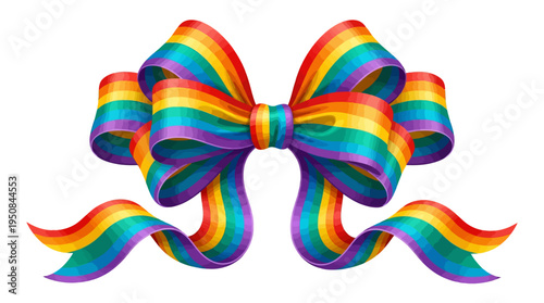A colorful rainbow striped bow tied in a neat knot on a white background