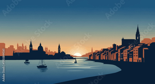 Silhouette cityscape at sunset by water.