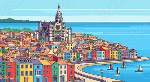 Colorful illustration of a seaside town with historic buildings and sailboats.