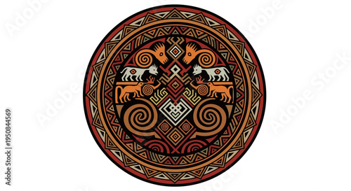Vibrant circular design with intricate patterns and animals.