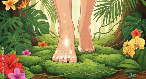 Barefoot in a lush tropical forest.