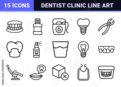 Professional Dental Care Line Art Symbols Monoline Vector Aesthetic for Stomatology and Oral Hygiene Interface Design