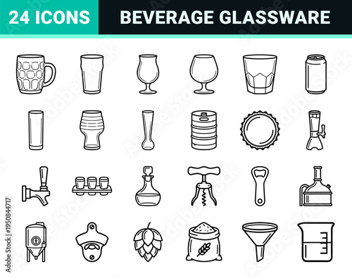 Comprehensive craft beer and beverage glassware vector outline icon set featuring sleek minimalist monoline aesthetics for bar menus.