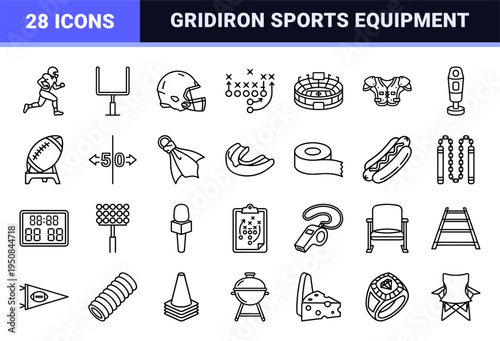 American football and gridiron sports outline symbols with sophisticated technical monoline aesthetic for athletic broadcast utility.