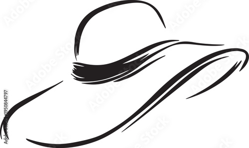 Hand Drawn Woman Hat Black and White Illustration in Minimal Line Art Style Design