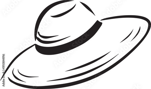 Hand Drawn Woman Hat Black and White Illustration in Minimal Line Art Style Design