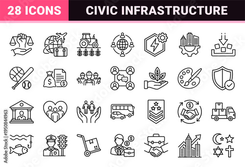 Civic infrastructure and societal sector monoline symbols for public administration projects featuring clean uniform line art.