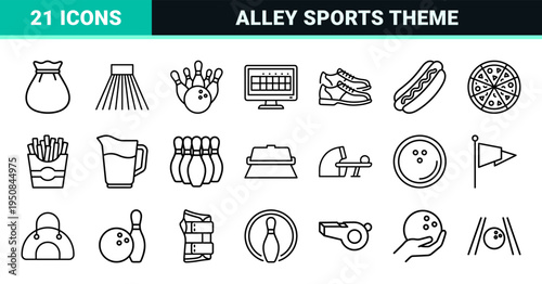 Bowling Alley Entertainment Outline Symbols Featuring Minimalist Monoline Aesthetic for Sports Branding and Recreational Tournament Signage