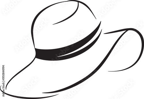 Hand Drawn Woman Hat Black and White Illustration in Minimal Line Art Style Design