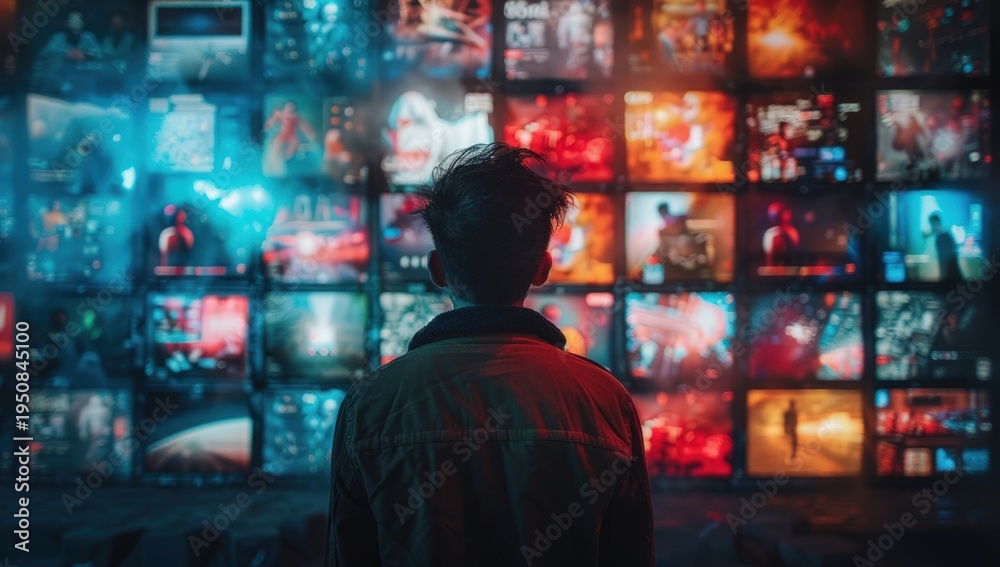Obraz premium Person views a vast wall of glowing screens displaying diverse media content