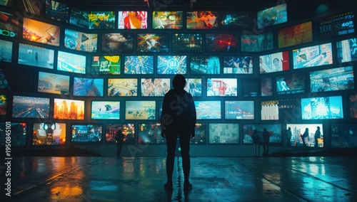 Figure faces a huge glowing wall of diverse video screens in a dark room