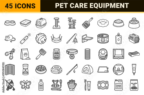 Minimalist pet care and feline furniture outline symbols featuring sleek technical monoline styling for pet shops.