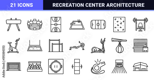 Sports and recreation facility architecture line art symbols for fitness center wayfinding featuring minimal uniform strokes.