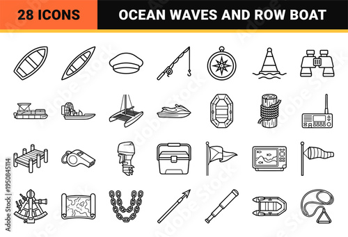 Rowing and water sports recreation neo-line art symbols in a crisp technical monoline black outline style for maritime design projects.