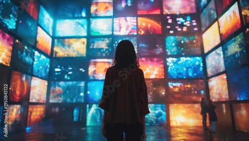 A person views a vast array of vibrant, interconnected screens displaying diverse digital content