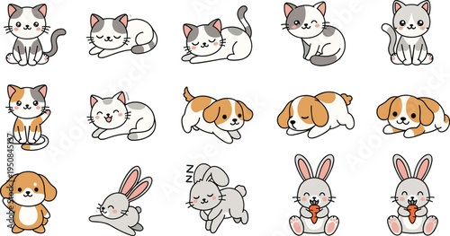 Kawaii Pet Animal Vector Collection Featuring Cute Cat Dog and Bunny Characters in Different Poses Like Sleeping Sitting Running and Eating Carrot for Kids Art