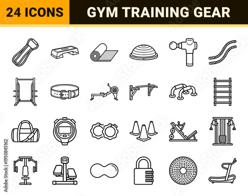 Minimalist black and white vector outline icons of fitness and gym training equipment with sleek 1.25pt uniform lines for commercial design