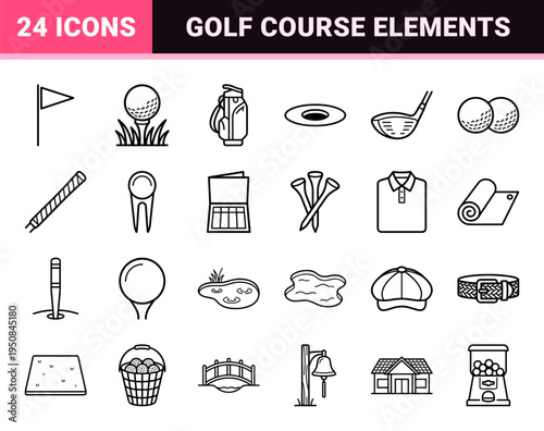 Golf course equipment and sports recreation outline vector symbols featuring minimalist 1.25pt uniform stroke monoline aesthetic.