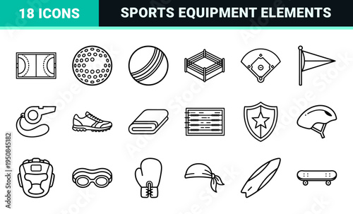 Minimalist monoline outline symbols for competitive sports equipment and athletic tournaments featuring crisp uniform geometric strokes.