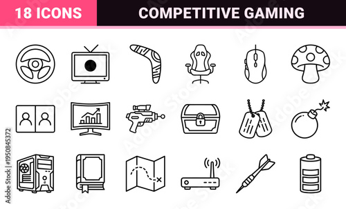 Competitive esports and multiplayer gaming interface elements designed in a sleek neo-line art technical monoline aesthetic.