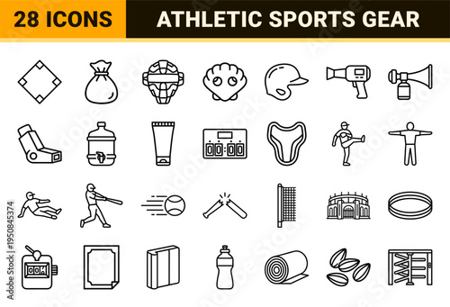 Minimalist outline baseball equipment and stadium graphics featuring thick uniform strokes for sports interface design and athletic themes.