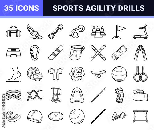 Monoline outline vector symbols for athletic training and sports agility conditioning, featuring a sleek 1.25pt minimalist aesthetic.