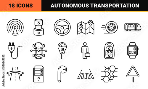 Smart transportation and autonomous vehicle technology outline symbols featuring sleek 1.25pt uniform lines and sophisticated minimalism.