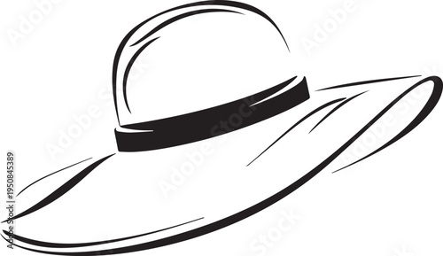 Hand Drawn Woman Hat Black and White Illustration in Minimal Line Art Style Design