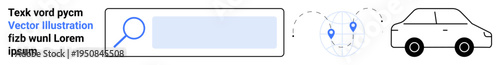 Online search, transportation services, navigation, digital maps, travel planning, location tracking. Search bar, globe with navigation pins and car graphic. Online search and transportation