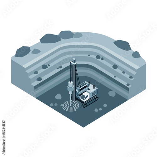 Isometric illustration of a drilling rig operating in a multi-layered open-pit mine, showcasing excavation and resource extraction processes.