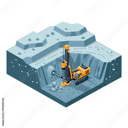 Isometric view of an open-pit mine with a drilling rig excavating rock and a network of connected nodes representing data or communication.