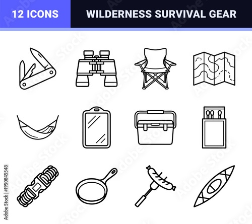 Minimalist black and white monoline outdoor camping and wilderness survival gear suitable for recreational adventure and nature exploration