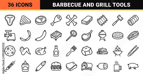 Bold monoline graphics featuring butcher shop elements, meat cuts, and barbecue tools in a sleek minimalist aesthetic.