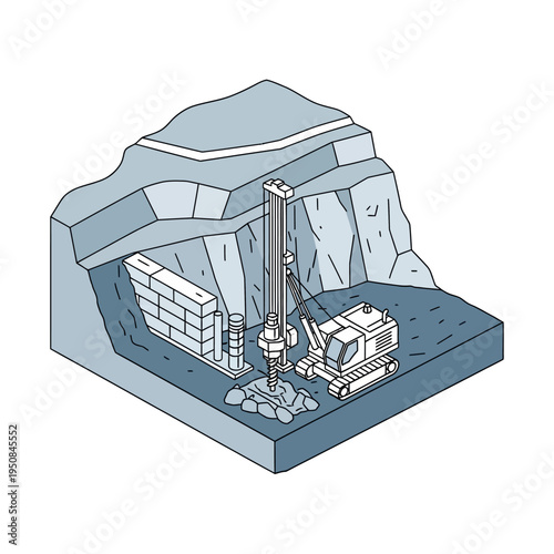 Construction site showing a drilling rig and excavator working on a rocky terrain with a retaining wall being built.