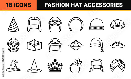 Minimalist headwear and hats outline symbols for fashion retail featuring sleek uniform black monoline styling.